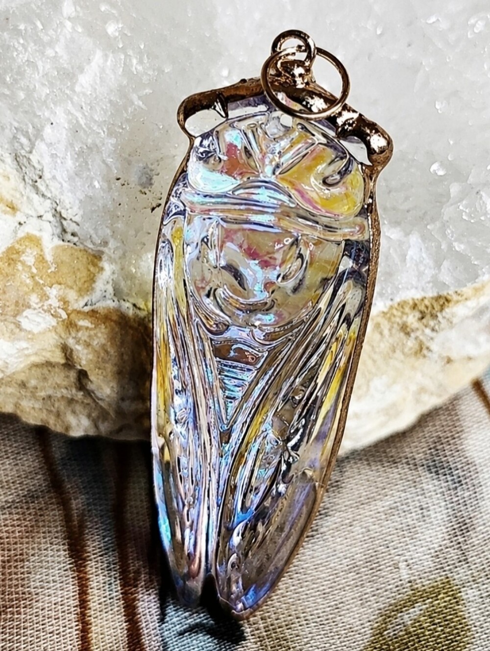 Aurora Borealis Molded Glass Cicada Summer Bug Insect Pendant Gold Dipped Edge